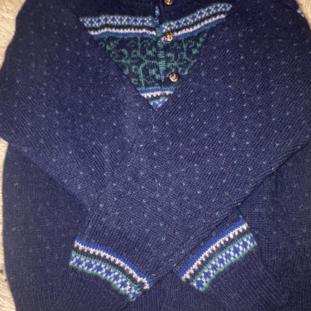 L.L. Bean Navy and Teal Patterned Button Cardigan - Picture 4 of 10